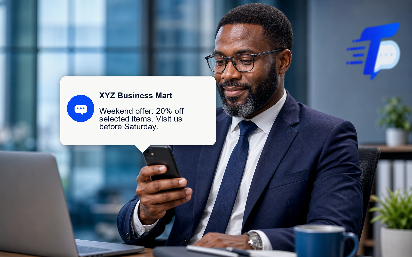 Professional in an office receiving an XYZ Business Mart promotion SMS