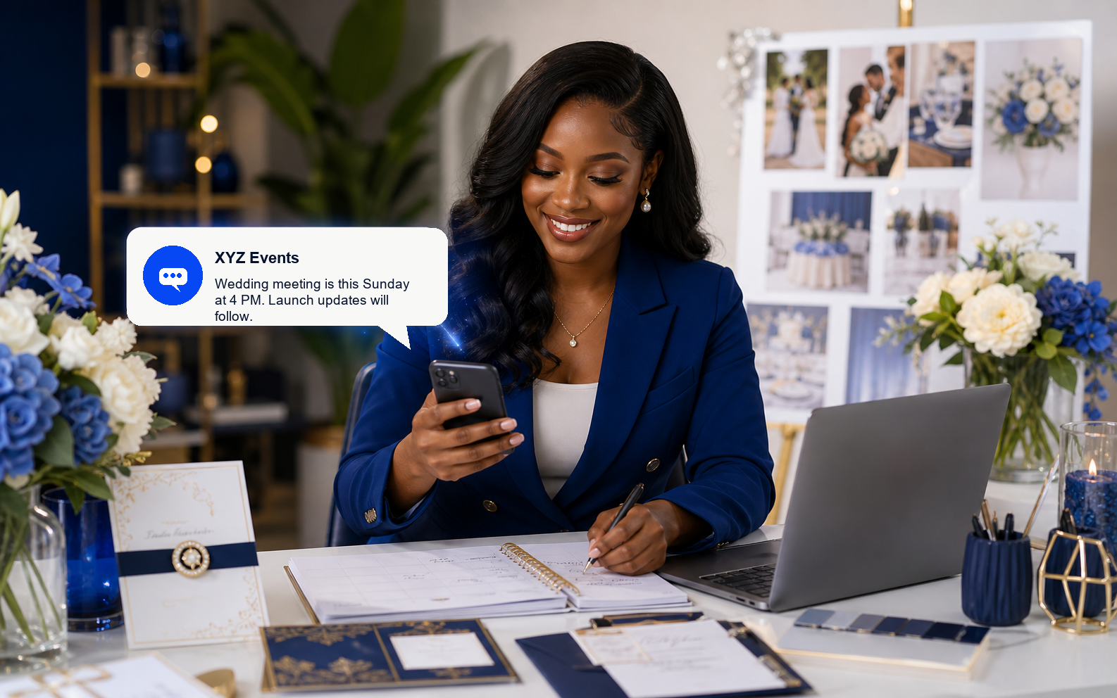 Wedding planner receiving an XYZ Events meeting SMS