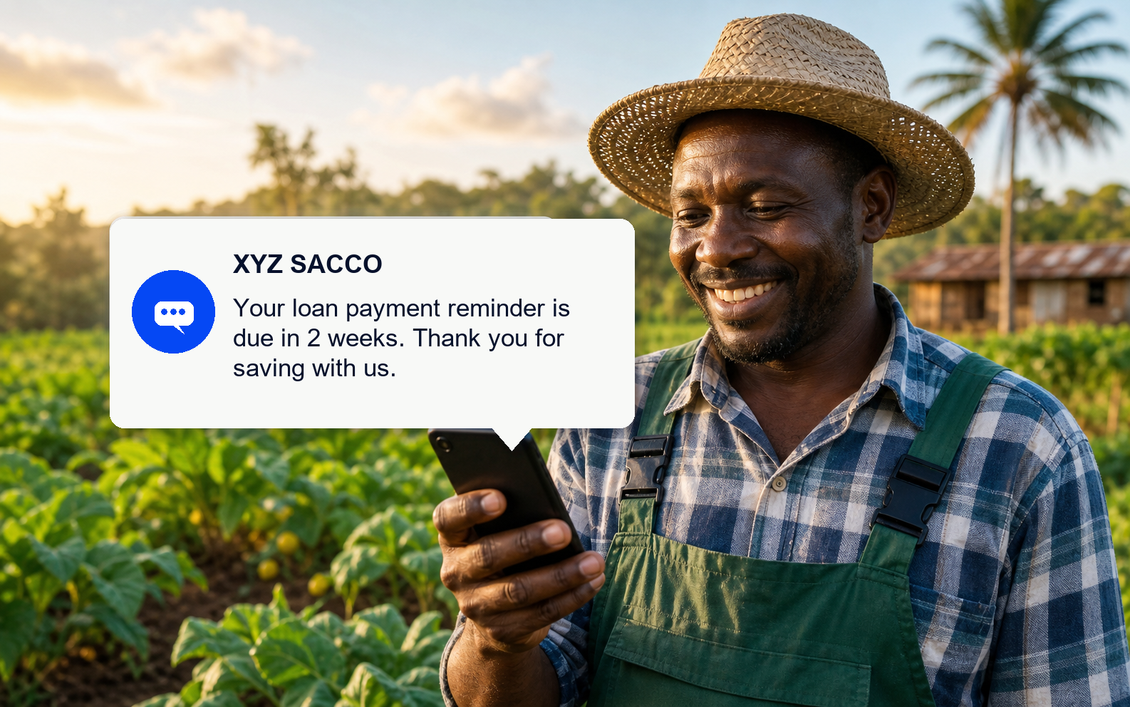 Farmer receiving an XYZ SACCO loan payment reminder SMS