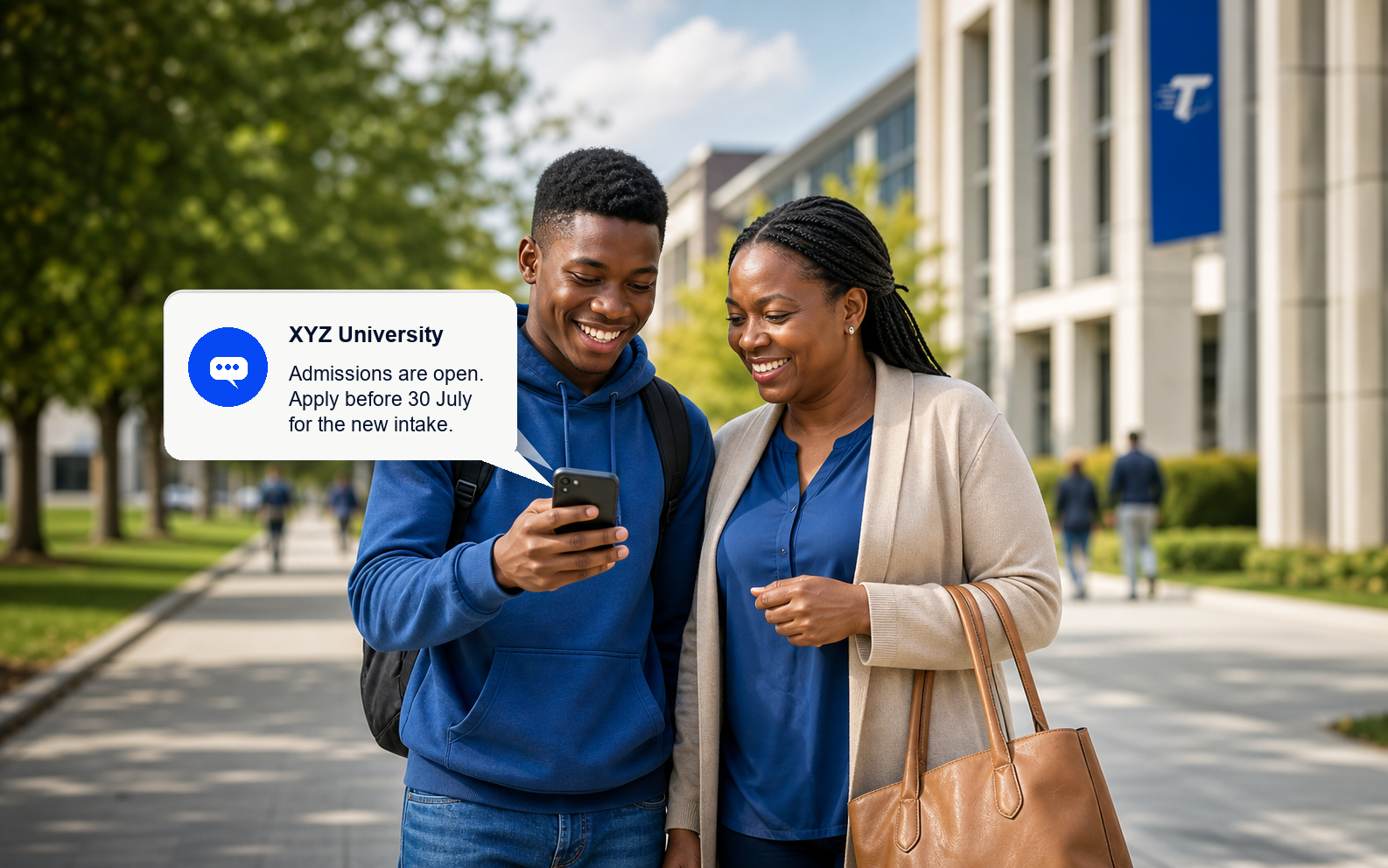 Student and parent receiving an XYZ University admissions SMS